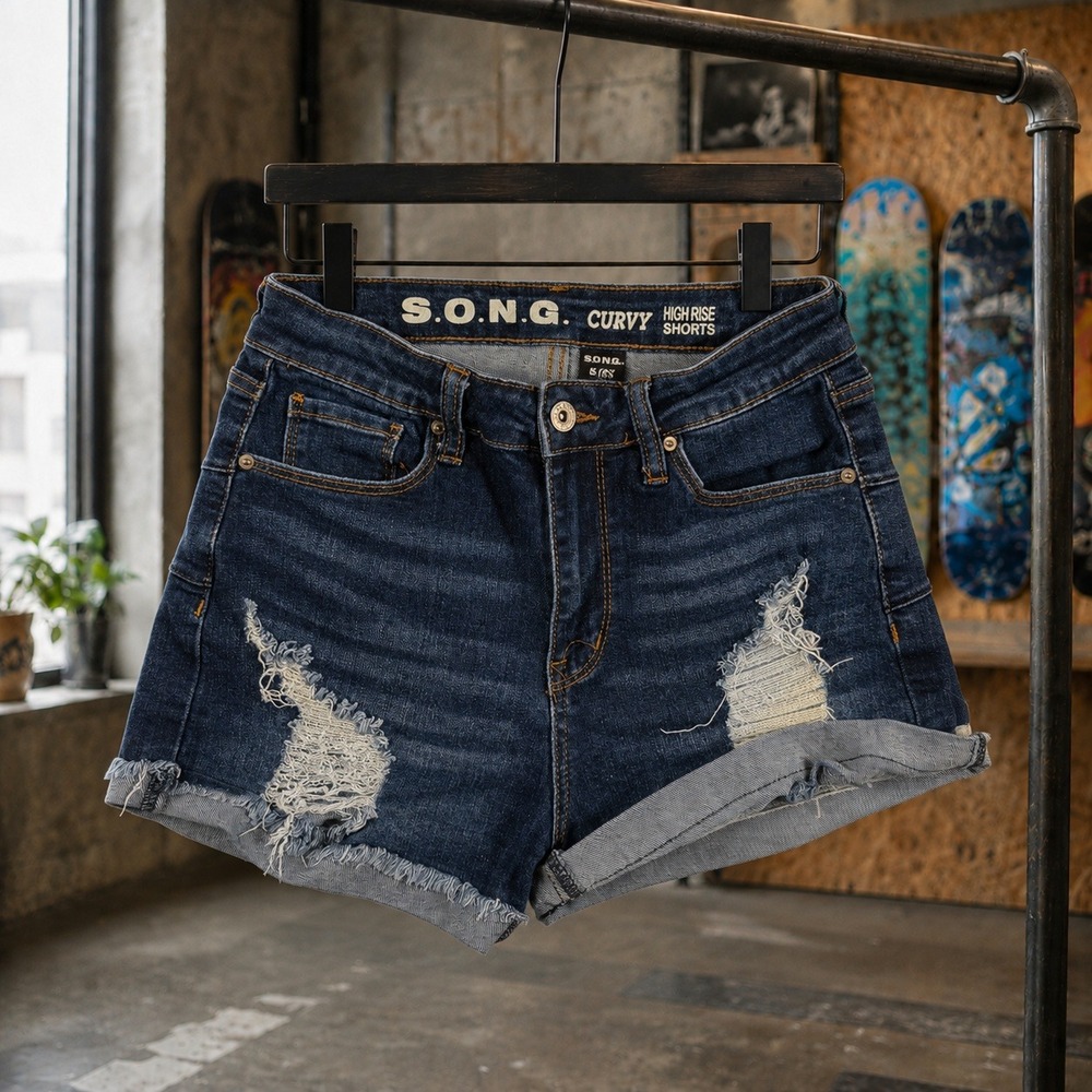 Curvy High Rise Distressed Denim Shorts Dark Wash Size 5/27 SONG